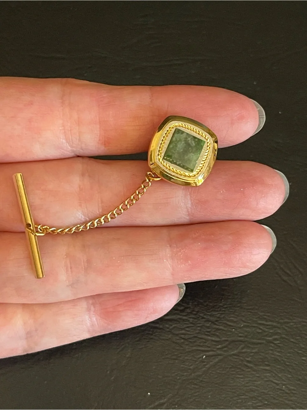 SWANK Gold-Tone Cufflinks and Tie Tack with Green jade Stone Centers